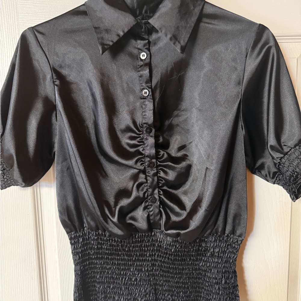 Chic Black Satin Blouse with Ruched Front
